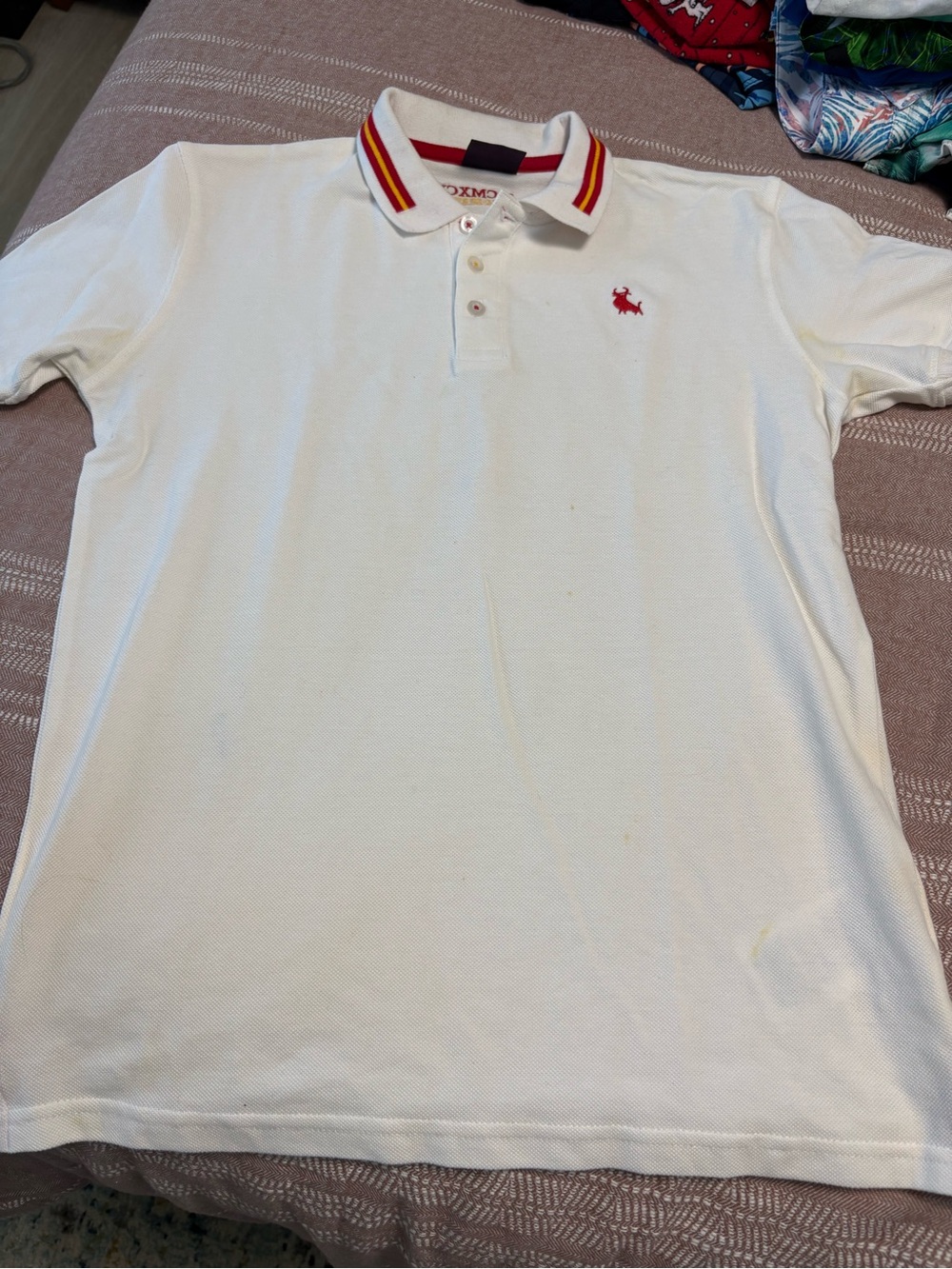 Kids White Polo Shirt with Red Accent and Striped Collar